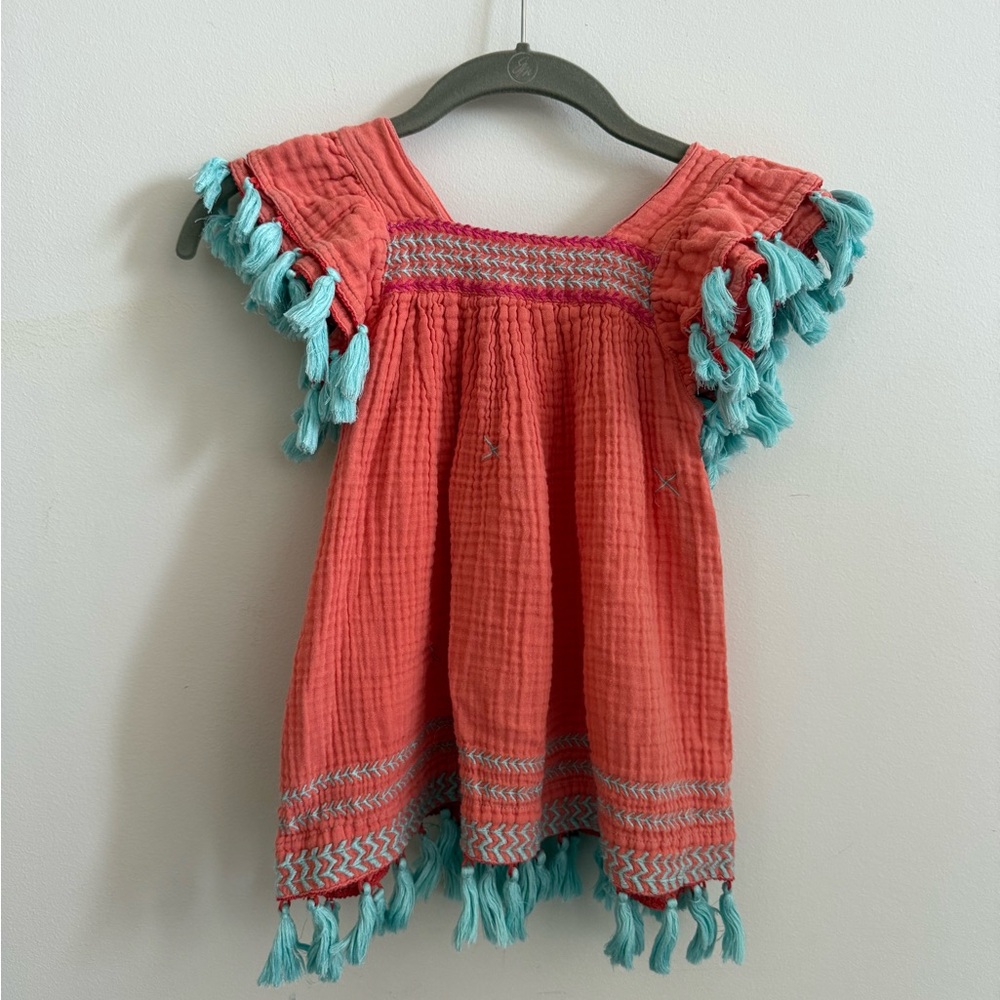 Mer St Barth Serena Tassel Dress Peach Orange Turquoise Blue 4T